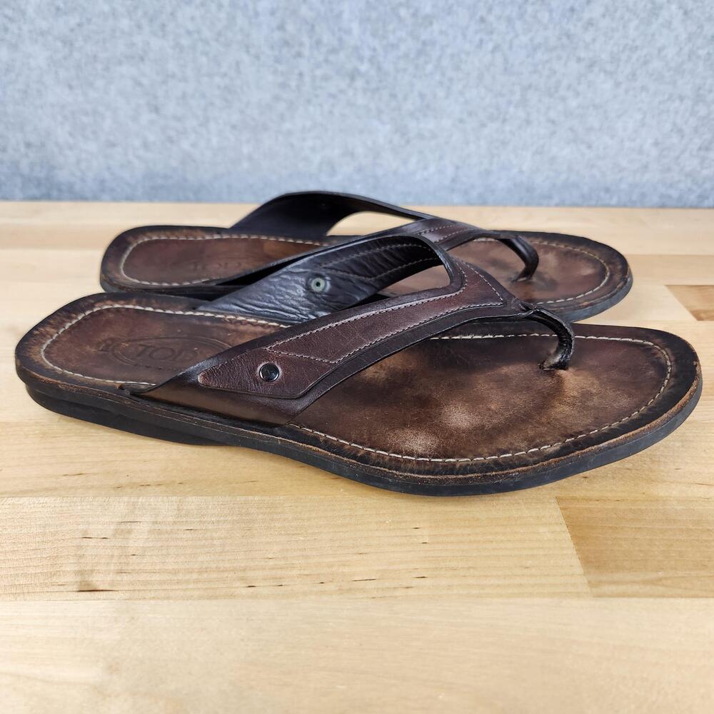 Tod's Sandals Mens 9 (US 10.5) Brown Leather Flip Flop Italy Rubber Sole
